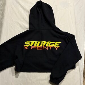 Savage X Fenty Black Cropped Hoodie with Yellow and Orange Logo